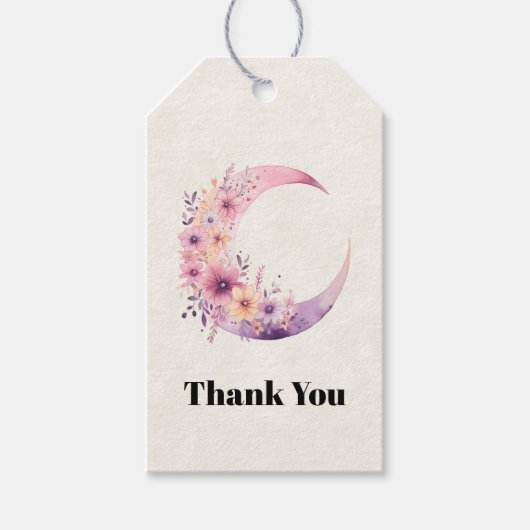 ピンクの三日月と花かわいらしありがとう ギフトタグ (正面)