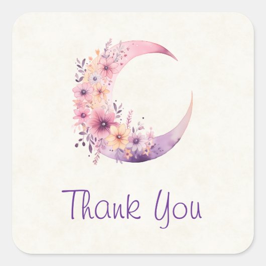 ピンクの三日月と花かわいらしありがとう スクエアシール (正面)