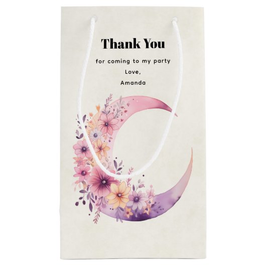 ピンクの三日月と花かわいらしありがとう スモールペーパーバッグ (裏面)