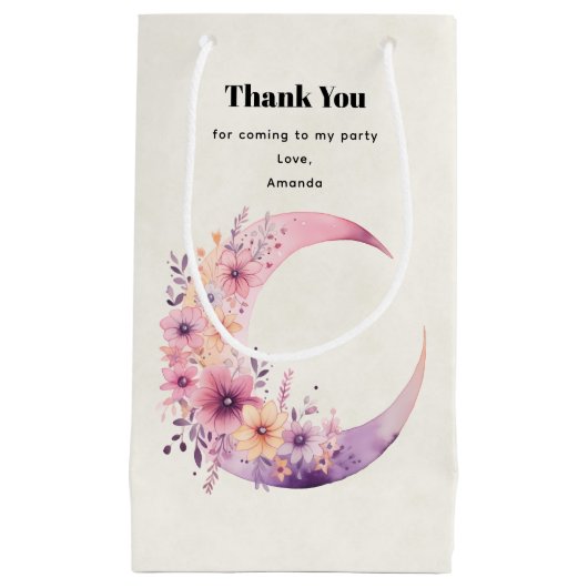 ピンクの三日月と花かわいらしありがとう スモールペーパーバッグ (正面)