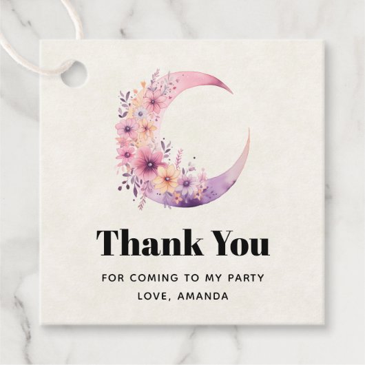 ピンクの三日月と花かわいらしありがとう フェイバータグ (正面)