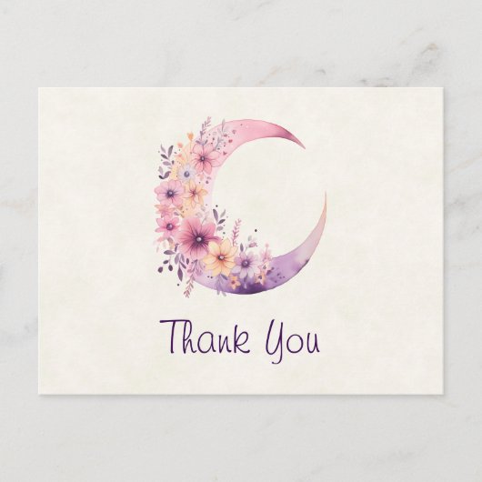 ピンクの三日月と花かわいらしありがとう ポストカード (正面)