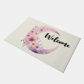 ピンクの三日月と花かわいらし歓迎 ドアマット (アングル)