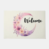 ピンクの三日月と花かわいらし歓迎 ドアマット (正面)