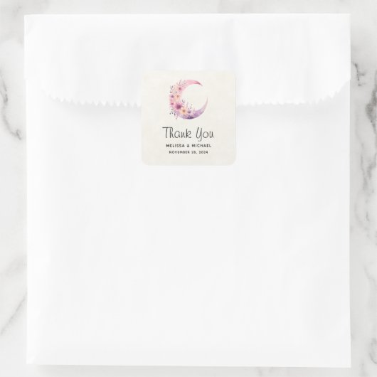 ピンクの三日月と花結婚の感謝状 スクエアシール (バッグ)