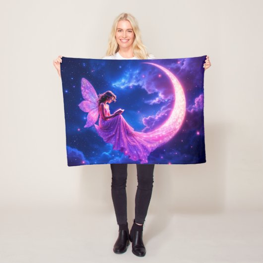 ピンクの三日月のおとぎ話の星空のアート フリースブランケット (インサイチュ)