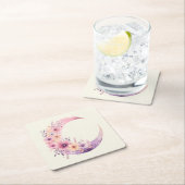 ピンクの三日月(花かわいらし付き) スクエアペーパーコースター (インサイチュ)