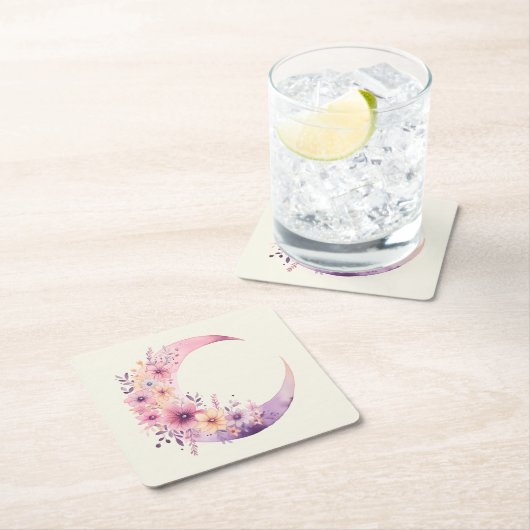 ピンクの三日月(花かわいらし付き) スクエアペーパーコースター (インサイチュ)