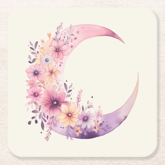 ピンクの三日月(花かわいらし付き) スクエアペーパーコースター (正面)