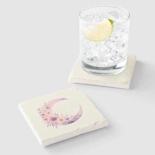 ピンクの三日月(花かわいらし付き) ストーンコースター (横)