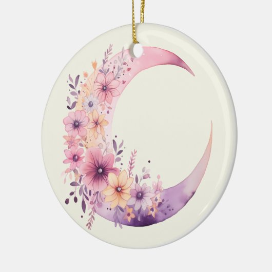 ピンクの三日月(花かわいらし付き) セラミックオーナメント (左)