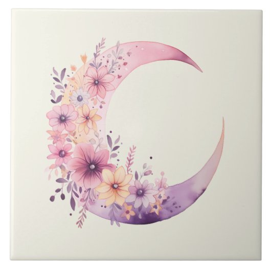 ピンクの三日月(花かわいらし付き) タイル (正面)