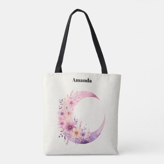 ピンクの三日月(花かわいらし付き) トートバッグ (裏面)