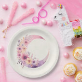ピンクの三日月(花かわいらし付き) ペーパープレート (パーティー)