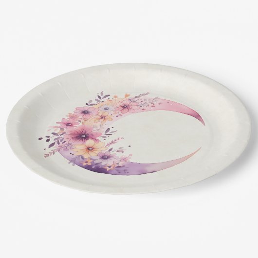 ピンクの三日月(花かわいらし付き) ペーパープレート (アングル)