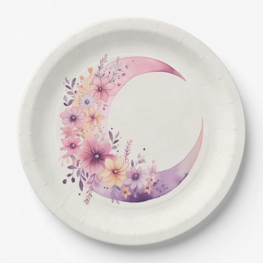 ピンクの三日月(花かわいらし付き) ペーパープレート (正面)