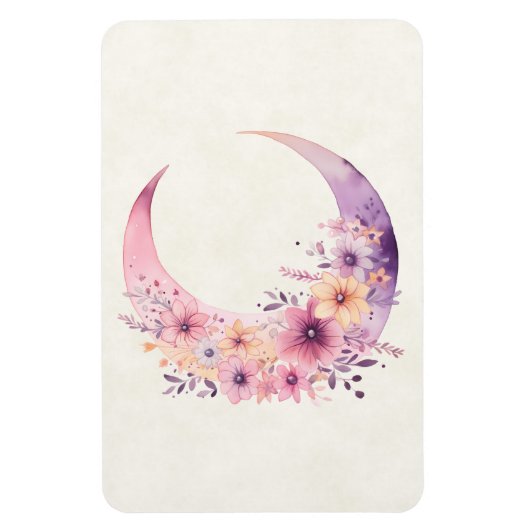 ピンクの三日月(花かわいらし付き) マグネット (縦)