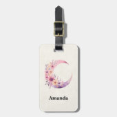 ピンクの三日月(花かわいらし付き) ラゲッジタグ (正面縦)