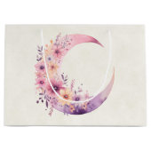 ピンクの三日月(花かわいらし付き) ラージペーパーバッグ (正面)