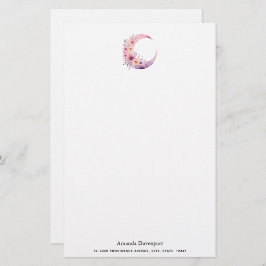 ピンクの三日月(花かわいらし付き) 便箋 (正面/裏面)