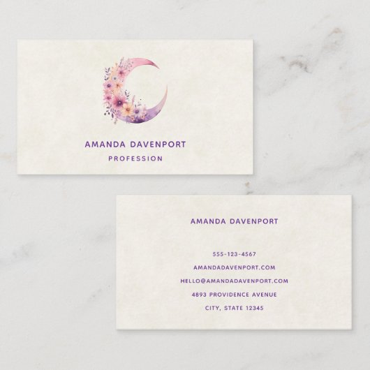 ピンクの三日月(花かわいらし付き) 名刺 (正面/裏面)