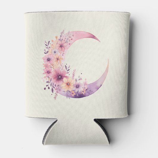 ピンクの三日月(花かわいらし付き) 缶クーラー (正面)