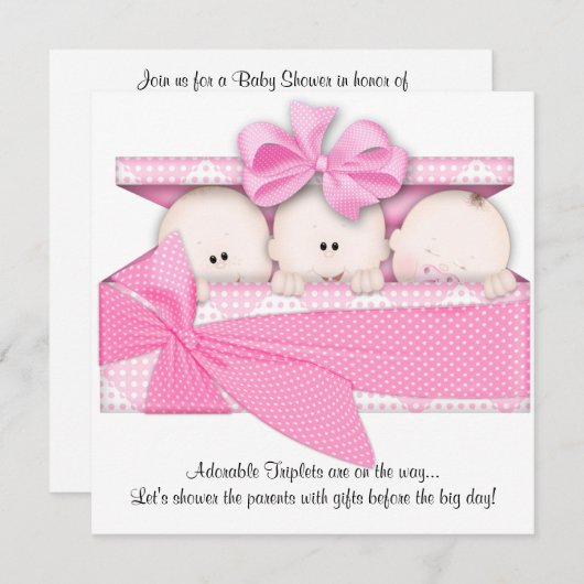 ピンクの三重項のベビーシャワーの招待状の発表 招待状 (正面/裏面)