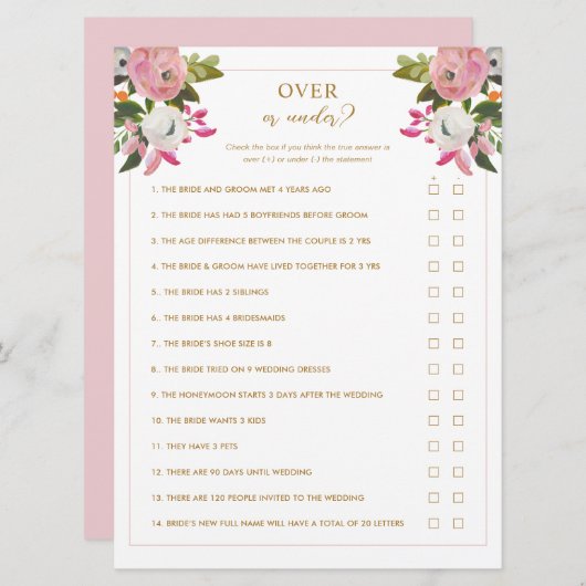 ピンクの上または下ブライダルシャワーゲーム 招待状 (正面/裏面)