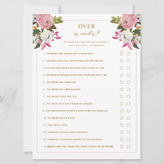 ピンクの上または下ブライダルシャワーゲーム 招待状 (正面)
