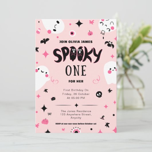ピンクの不気味な1ハロウィーンの女の子1歳の誕生日 招待状 (スタンド正面)