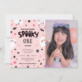 ピンクの不気味な1ハロウィーンの女の子1歳の誕生日 招待状 (正面)