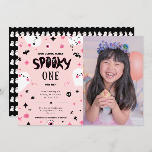 ピンクの不気味な1ハロウィーンの女の子1歳の誕生日 招待状 (正面/裏面)