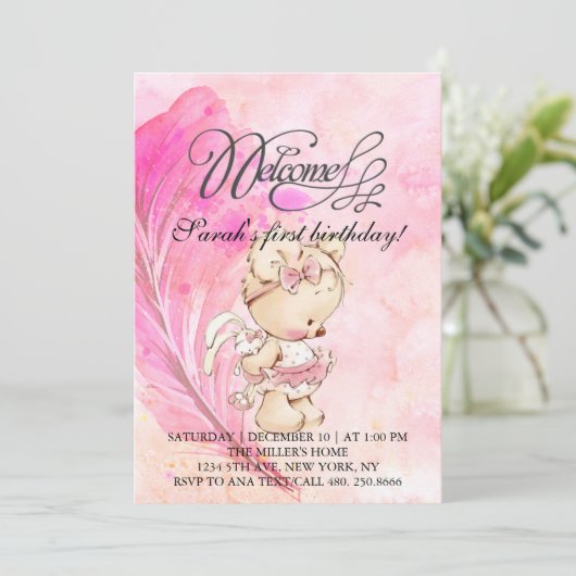 ピンクの世界と魔法羽、女の子のための誕生日 招待状 (スタンド正面)