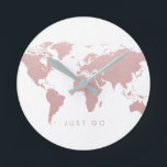 ピンクの世界地図グローブ ラウンド壁時計<br><div class="desc">パステルバラ金ゴールド効果のソフト赤面ピンクのワールドマップデザインミニマルはモダン、外に出て世界を見るためにインスパイアは、編集可能な「ちょうど行く」引用文と壁時計の上で... またはドアを出て時間に行くことができるようにリマインダーとして！ピンクエレガントのグローブ時計はオフィスの宇宙と旅行の赤ん坊の女の子の子供部屋や小さな女の子の部屋で完璧でフェミニンすインスパイア"時間のない"外観を作成する部屋から部屋に移行することができる。クリック背景の色または文字の配置を変更する場合はカスタマイズ「さらに」を選択する。</div>