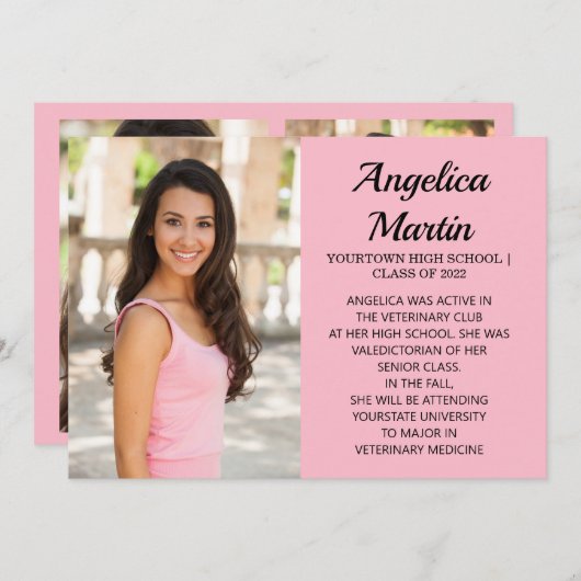 ピンクの両面の卒業式3写真のお知らせ 案内状 (正面/裏面)