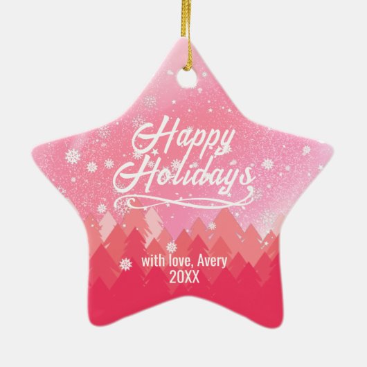 ピンクの両面の平和な雪の森クリスマススター セラミックオーナメント (裏面)