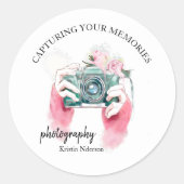 ピンクの丸ステッカー付き水クラシック色カメラ ラウンドシール (正面)