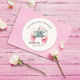 ピンクの丸ステッカー付き水クラシック色カメラ ラウンドシール