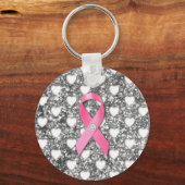 ピンクの乳がんリボンシルバーグリッタールック キーホルダー (正面)