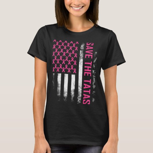 ピンクの乳がん啓発アメリカ国旗セーブ Tシャツ (正面)