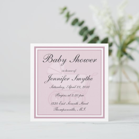 ピンクの乳母車のベビーシャワーの招待状 招待状 (スタンド正面)