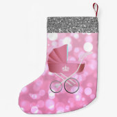 ピンクの乳母車の《写真》ぼけ味の銀のフェイクなグリッター スモールクリスマスストッキング (裏面)