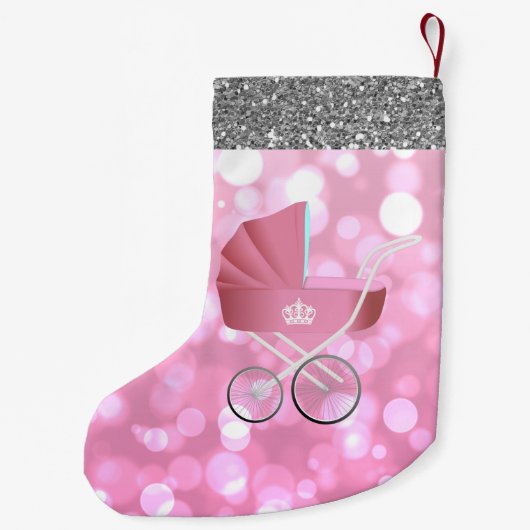 ピンクの乳母車の《写真》ぼけ味の銀のフェイクなグリッター スモールクリスマスストッキング (裏面)