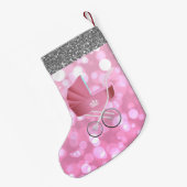 ピンクの乳母車の《写真》ぼけ味の銀のフェイクなグリッター スモールクリスマスストッキング (裏面 (吊り時))