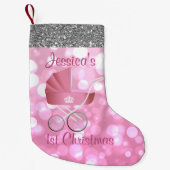 ピンクの乳母車の《写真》ぼけ味の銀のフェイクなグリッター スモールクリスマスストッキング (正面)
