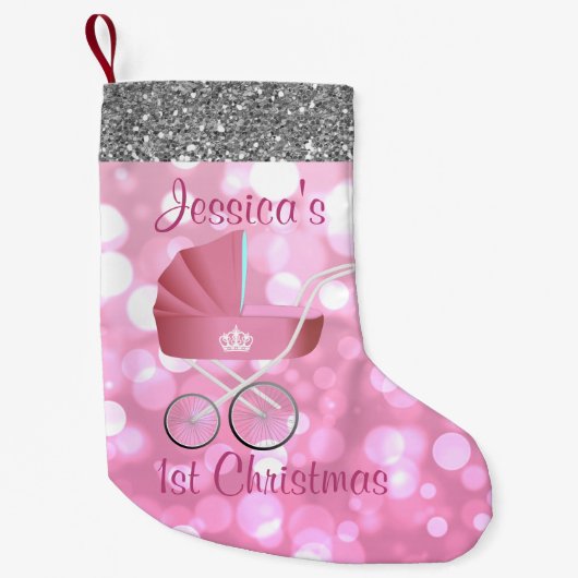 ピンクの乳母車の《写真》ぼけ味の銀のフェイクなグリッター スモールクリスマスストッキング (正面)