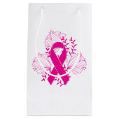 ピンクの乳癌の認識度のリボンの花の輪郭 スモールペーパーバッグ (正面)