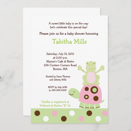 ピンクの亀と池Ogベビーシャワー招待状 招待状 (正面/裏面)