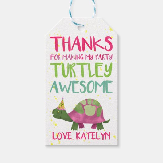 ピンクの亀のパーティーの好意ラベルのための女の子 ギフトタグ (正面)