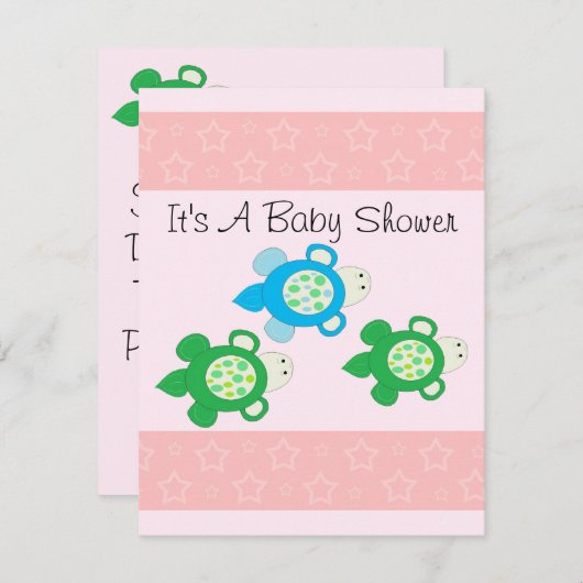 ピンクの亀の赤ちゃんシャワー 招待状 (正面/裏面)
